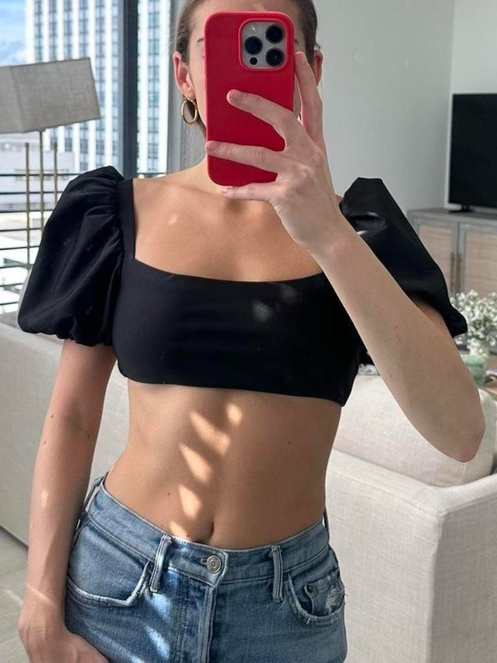 Charcoal Clothing Puff-Sleeve Square-Neck Crop Top